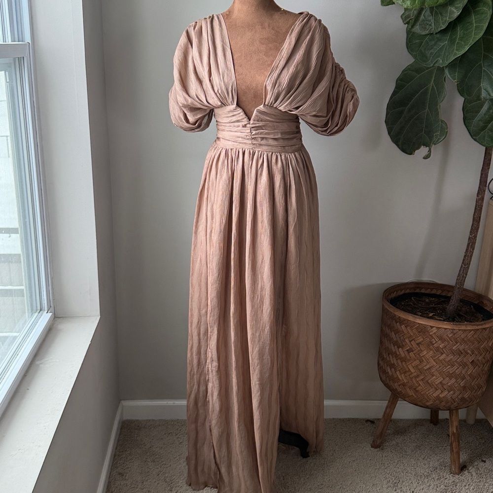 Vici Harvest Nights Plisse Empire Maxi Dress Bronze